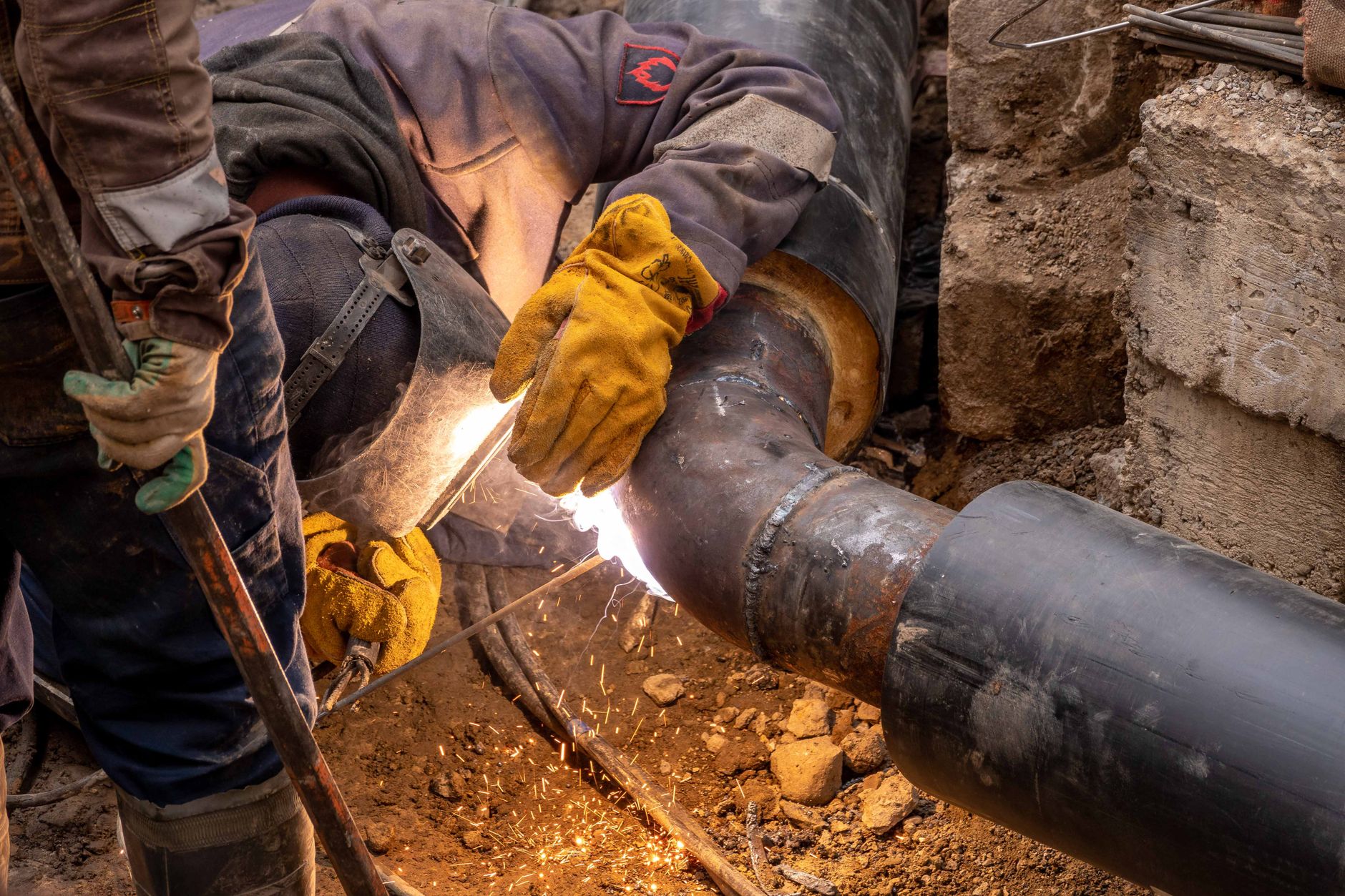 Pipe welding in progress